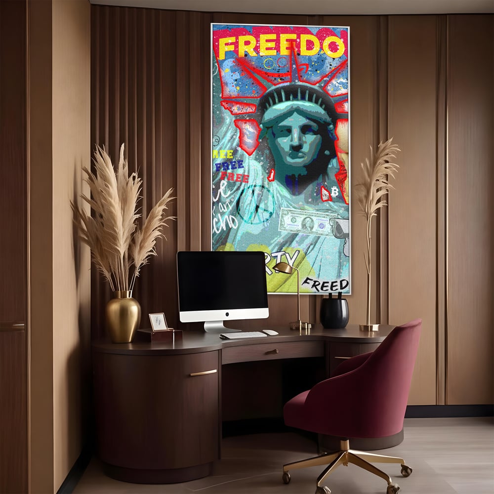 Tablou canvas cu tablou canvas cu statuia libertatii si graffiti, in rama de aluminiu argintiu, pe perete intr-un birou